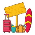 suitcases hat surfboard bucket guideboard Royalty Free Stock Photo