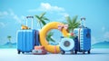 Suitcases with inflatable ring and beach accessories on blue background. Royalty Free Stock Photo