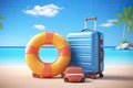 Suitcases with inflatable ring and beach accessories on blue background. Royalty Free Stock Photo