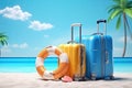 Suitcases with inflatable ring and beach accessories on blue background. Royalty Free Stock Photo