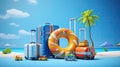 Suitcases with inflatable ring and beach accessories on blue background. Royalty Free Stock Photo