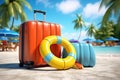 Suitcases with inflatable ring and beach accessories on blue background. Royalty Free Stock Photo