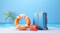 Suitcases with inflatable ring and beach accessories on blue background. Royalty Free Stock Photo