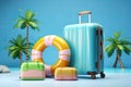 Suitcases with inflatable ring and beach accessories on blue background. Royalty Free Stock Photo