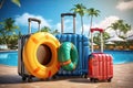 Suitcases with inflatable ring and beach accessories on blue background. Royalty Free Stock Photo