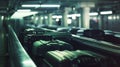 Suitcases moving on a luggage conveyor belt at an airport terminal\'s baggage claim area, Ai Generated Royalty Free Stock Photo