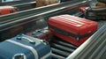 Suitcases moving on a luggage conveyor belt at an airport terminal\'s baggage claim area, Ai Generated Royalty Free Stock Photo