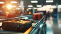 Suitcases moving on a luggage conveyor belt at an airport terminal\'s baggage claim area, Ai Generated Royalty Free Stock Photo