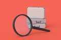 Suitcases near magnifying glass. Search for investors for business. Checking investment portfolios