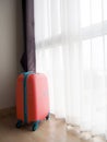 Suitcases in hotel clean room for travel concept.