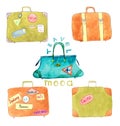 Suitcases with stickers for travelling, set - vector watercolor painting