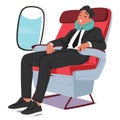 Suited Businessman On Plane, Eyes Closed, With A Neck Pillow, Symbolizing Brief Respite Amidst His Hectic Schedule