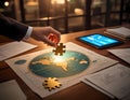 A suited figure connects a glowing puzzle piece to a map, symbolizing global strategy solution. AI Generated. Royalty Free Stock Photo