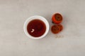 Sujeonggwa - Korean cold fruit tea or chilled punch. Top view, selective focus, copy space
