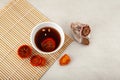 Sujeonggwa tea or Persimmon punch. Korean food. Fruit drink of dried persimmons with the addition of cinnamon, ginger and pine