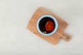 Sujeonggwa- traditional Korean tea of persimmon. Chilled fruit punch. Top view, selective focus