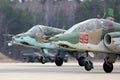 Sukhoi Su-25 attack aircrafts of Russian air force landing during Victory Day parade rehearsal at Kubinka air force base.