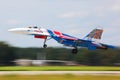 Sukhoi Su-27 jet fighter taking off at Kubinka air force base.