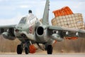 Sukhoi Su-25UB attack airplane of Russian air force during Victory Day parade rehearsal at Kubinka air force base.