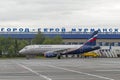 Sukhoi SuperJet of Aeroflot at the airport of Murmansk Royalty Free Stock Photo