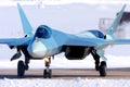 Sukhoi T-50 prototype PAK-FA 054 BLUE is a fifth generation jet fighter shown while perfoming a test flight at Zhukovsky airport.