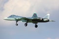 Sukhoi T-50 prototype PAK-FA 055 BLUE is a fifth generation jet fighter shown while perfoming a test flight at Zhukovsky airport.