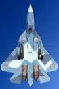 Sukhoi T-50 prototype PAK-FA 054 BLUE is a fifth generation jet fighter shown while perfoming a test flight at Zhukovsky airport