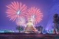 Sukhothai historical park, the old town of Thailand, Firework at twilight Royalty Free Stock Photo