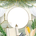 Sukkah festive greeting frame watercolor illustration with palm leaves, waving lulav, etrog, tallit, menorah Royalty Free Stock Photo