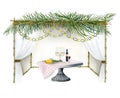 Sukkah with palm leaves, paper decorations and Jewish Sukkot symbols, menorah, wine, lulav on table illustration Royalty Free Stock Photo