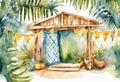 Sukkah For Sukkot With Table watercolor Jewish holiday. Royalty Free Stock Photo