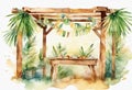 Sukkah For Sukkot With Table watercolor Jewish holiday. Royalty Free Stock Photo