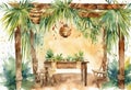 Sukkah For Sukkot With Table watercolor Jewish holiday. Royalty Free Stock Photo