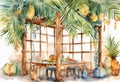 Sukkah For Sukkot With Table watercolor Jewish holiday. Royalty Free Stock Photo