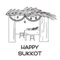 Sukkah with table, food and Sukkot symbols