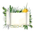 Sukkot banner tempate with blank Torah scroll and symbols watercolor illustration. Etrog, hadass, lulav, aravah