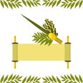 Sukkot. Judaic holiday. Traditional symbols - Etrog, lulav, hadas, arava. Torah scroll. Royalty Free Stock Photo