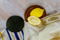 Sukkot in Etrog yellow citron of traditional symbols religion of Jewish festival
