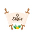 Sukkot hand lettering with scroll paper, etrog, lulav, Arava, Hadas leaves isolated on white. Jewish traditional holiday Royalty Free Stock Photo