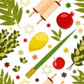 Sukkot. Judaic holiday. Traditional symbols - Etrog, lulav, hadas, arava. Torah scroll. Apple, pomegranate, figs. Star of David. S Royalty Free Stock Photo