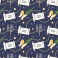 Sukkot seamless pattern on dark navy blue background with watercolor Torah scroll and greetings, waving the Lulav, Etrog