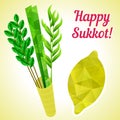 Sukkot symbols - four species - palm, willow, myrtle , etrog citron. Jewish religious New Year holidays.