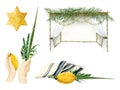 Sukkot symbols, sukkah, tallit, waving the Lulav and yellow gold star of David watercolor illustration set Royalty Free Stock Photo