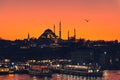 Suleymaniye Mosque and view of the Golden Horn bay at night in Istanbul, Turkey Royalty Free Stock Photo