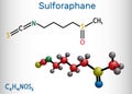 Sulforaphane, sulphoraphane molecule. It is isothiocyanate, antineoplastic agent, plant metabolite, antioxidant. Structural Royalty Free Stock Photo