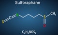 Sulforaphane, sulphoraphane molecule. It is isothiocyanate, antineoplastic agent, plant metabolite, antioxidant. Structural Royalty Free Stock Photo