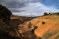 Sulfur and iron polluted river amongst gravel and scoria fields Royalty Free Stock Photo