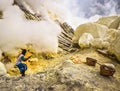 Sulfur Miner Extracting Sulfur from Inside Crater of Kawah Ijen Volcano