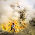 Sulfur Miner at Work Inside Crater of Kawah Ijen, Indonesia