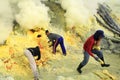 Sulfur miners in the Ijen crater working hard